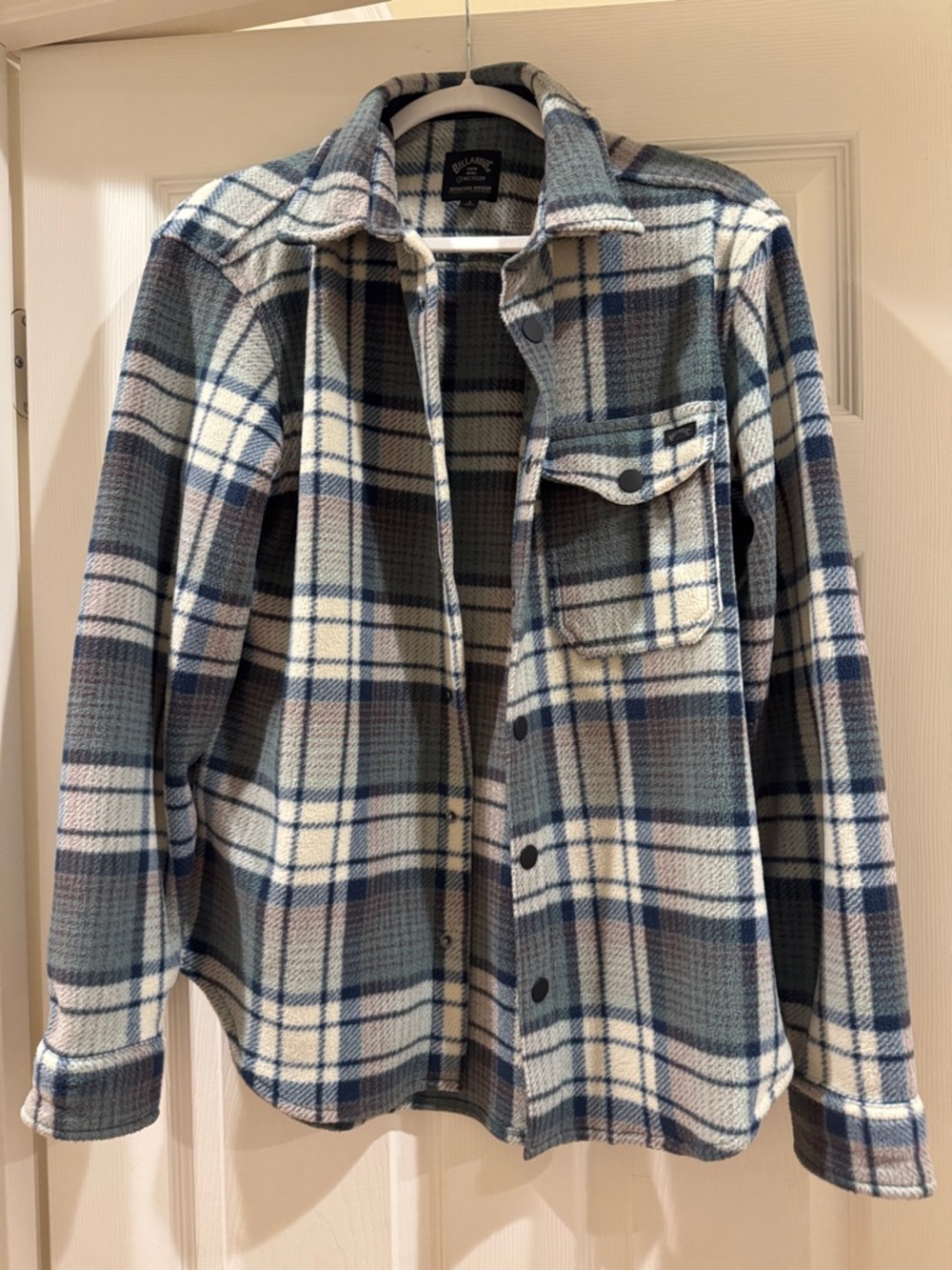 Billabong Plaid Fleece Shacket in Blue and Cream
